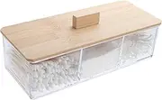 Sohalejr Wood Qtip Holder 3 Compartments Cotton Ball and Swab Holder Organizer with Lid,Jar for Cotton Rounds,Bathroom Containers,Clear Acrylic Desk Organizer for Makeup Pads,Cosmetics Bedroom
