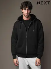 Black Premium Textured Faux Fur Lined Zip Up Fleece (N77821) | $63