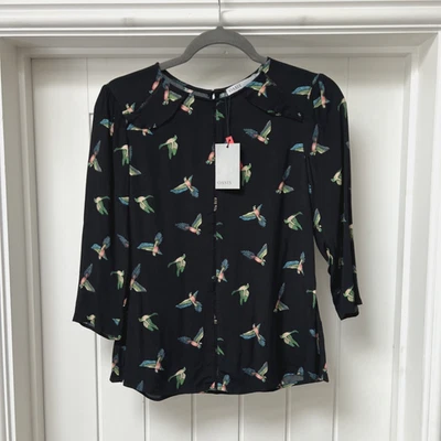Oasis Top Women's UK 8 Black Bird Design 3/4 Sleeve Sheer Top Blouse Round Neck
