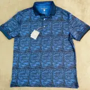 Hickey Freeman Short Sleeve Blue Fish 3 Button Golf Polo Shirt Men’s Size M NWT