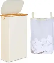 iEGrow Slim Laundry Hamper, Narrow Laundry Basket with Lid,Foldable Clothes Hamper with Bamboo Handles,Hamper Basket with Removable Inner Bag for Laundry Room Bedroom College Dorm,60L Beige
