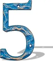 5.5 Inch House Numbers- Unique Cast Iron Metal Address/Mailbox Number for Outside or Front Door, Handmade Gold & Blue Finish (Number 5)