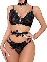 [Zylphorix] Women's Floral Embroidered Lingerie Push Up Bra Garter with Chain Set Lace Babydoll Bra and Panty Sets