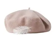 Women French Feather Wool Beret Hats - Solid Color Classic Beanie Winter Beige