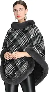 [EMGILL] Women Poncho Cloak Plaid Pullover Cape Thick Faux Fur Shawl Wrap Knitted Batwing Sleeve Winter Woolen Sweater