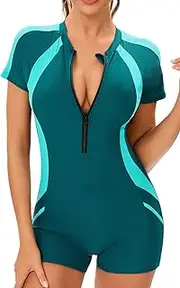 [SEAUR] Women's Short Sleeve Swimsuit with Cups Surf Suit Zip One-Piece Rash Guard Swimsuit Boyleg Shorts Swimsuit - S-3XL