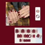 Short Square Press-On Fake Nail Wine Red Color Sparkling Festival Manicure 24pcs