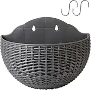 Wall Planter, Half Round Imitation Rattan Railing Planter, Vertical Hanging Plant Pot with S Hooks for Fence, Balcony, Garden Wall, Indoor Outdoor Decorative Flower Holder (Grey,Large)
