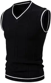 [OFFSUM] Men'S Knitted Vest - Autumn Winter Knitted Vest V-Neck Sleeveless Slim Fit Solid Color Patchwork Large Size Warm Waistcoat Jacket Top