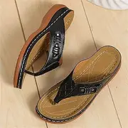 [SWTKO] Womens Wedge Flip Flops Ladies Metal Decor Comfortable Walking Thong Sandals with Arch Support 2022 Summer Slip on Breathable Beach Slippers Shoes,Black,US12/EU43
