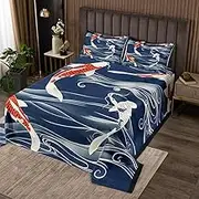 Homemissing Kids Koi Fish Bedspread Double Size Boys Girls Japanese Wave Quilted Coverlet Japanese Style Coverlet Set Fish Pattern Quilted