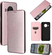 [TiHen] Compatible for Case Nokia X20, Flip Carbon Fiber [Drop Tested] Shockproof Stand Anti Fingerprints Cover with Card Slot+Tempered Glass Screen Protector*2-Rose Gold
