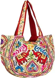 [Tribe Azure Fair Trade] TribeAzure Elephant Tote Embroidered Mirror Shoulder Bag Boho Hippie Top Handle Satchel Summer Beach Casual Fashion, White Cream, Medium