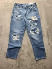 American Eagle Jeans Womens 8 Mom High Rise Straight Leg Flannel Patchwork