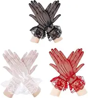 [Ｗoowayo] Women's Lace Retro Fishnet Bowknot Wrist Length Wedding Bridal Banquet 20s Party Costume Gloves (One Size, Red)