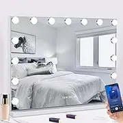 FENCHILIN Vanity Mirror with Lights Bluetooth Makeup Mirror with USB Charging Tempered Glass Hollywood Mirror 3 Color Temperatures Smart Touch Desktop Wall Mounted White
