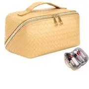 Large Capacity Travel Cosmetic Bag - Makeup Bag, Portable Leather Waterproof Women Organizer, with Handle and Divider Flat Lay Bags (Yellow)