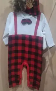 NWT Chick Pea 3 Pc Set Size 3-6 Mo. Ruffle Waffle Knit Plaid Romper hat Socks