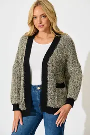 Masami Knit Cardigan Full Length Sleeve in Black Lurex with Contrast Trim S/M