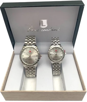 Couple Pair Quartz Watches His and Her GiftSet Metal Strap Analog Silver Watches