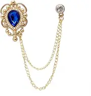 [Knighthood] Men's Royal Blue Stone With Gold Engraving Metal Crystal Chain Brooch (Blue, Medium) (KN19-LP-ROYALBLU-GLD-CRN)