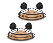 2 Pack Round Bamboo Corner Shower Caddy Shelf Basket Rack with Premium Vacuum Suction Cup No-Drilling for Bathroom and Kitchen