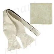 New Men's 100% Polyester Paisley Formal Self-tied Bow Tie & hankie set Ivory