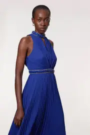 Halter Diamante Enamel Trim Woven Pleated Split Maxi Dress