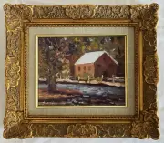 Oil on canvas original impressionist painting-A Home in the woods - ornate frame