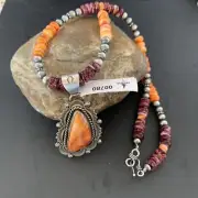 Orange Purple Spiny Oyster Pendant Navajo Pearls Sterling Silver Necklace 00780