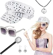 5PCS 70s Sequin Hat Abba Hat Abba accessories Set, Glitter Abba Costume Accessories Kit with Sequined Square Bling Sunglasses, 70s Accessories Fancy Dress Costumes for Women