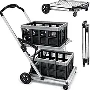 SNSUTY Folding Shopping Cart, 30 19 44 in, 200 lbs Multi Functional Collapsible Carts with 2 Storage Crates, Folding Trolley with Wheels, Double Layer Portable Trolley for Supermarket, Office（Gray）