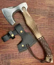 CUSTOM HANDMADE HIGH CARBON STEEL FORGED AXE ASH WOOD HANDLE LEATHER WRAPPED BRN