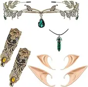 [FUMY] Fairy Costume Elf Ear Crowns Gloves Set for Women, Elven Princess Crown Hexagonal Crystal Necklace, 4Pcs Fairy Elf Crowns Earrings Set Halloween Cosplay Accessories Set Photoshoot Wedding, Large,