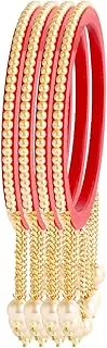 Efulgenz Acrylic Pearl Bangle Set Indian Wedding Party Bangles Set for Women Faux Pearl Beaded Kundan Rhinestone Bracelet Bangles with Hangings Latkan Bollywood Fashion Costume Accessories Jewelry for women (4 Pcs)