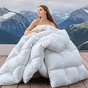 Wellos Luxury Goose Feather Down Comforter Queen Size 900+ Fill-Power, 1600TC/DM Cotton Blend Fluffy and Cozy Down Duvet Insert, All Season Premium Medium Warmth Down Comforter