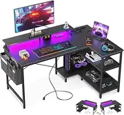 ODK Gaming Desk with Power Outlet&10 Color LED Light Strip, 120 * 80 * 87.7cm, L Shaped Desk with Storage Bag and 2 Shelves, Computer Table with Monitor Stand, Carbon Fiber Black