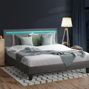 Oikiture Grey Fabric Bed Frame LED RGB - Double