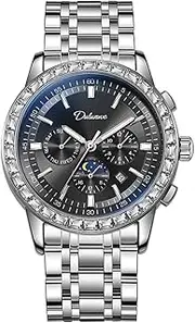 [DAXIAOYU] Men's Fashion Gemstone Bezel Automatic Mechanical Watch Moon Phase Stainless Steel Luxury Wristwatch Waterproof Luminous Week Calendar Display Watches