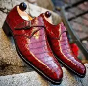 Mens Handmade Red Alligator Leather Dress Shoe, Formal Dress Monk Strap Shoes