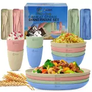 28pc Dinnerware Plates Bowls 28pcs Wheat Straw Sets Of 4. Cups Cutlery W/case.
