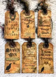 Prim Halloween Spells~(6) Gift Hang Tags~Parties~Junk Journals~Ornaments~539R