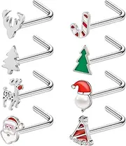 [ZS] 8Pcs Santa Claus Corkscrew Nose Rings Studs, 20G Stainless Steel Corkscrew Nose Stud, Christmas Trees Nose Screw Bone Nose Piercing L-shaped Nose Jewelry for Women Men