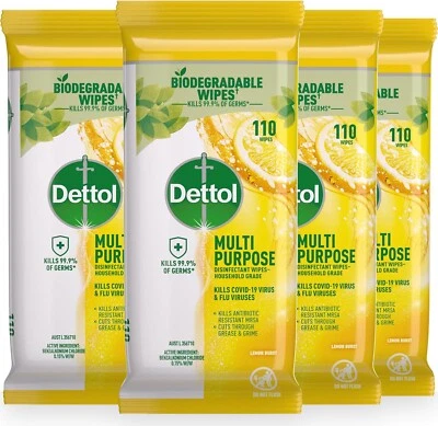 Dettol Biodegradable Antibacterial Multipurpose Wipes Lemon Burst, 440s (2 x 220