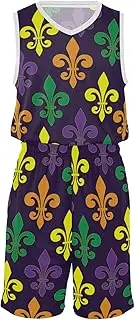 [GuoChe] Basketball Jerseys and Shorts Mardi Gras Colorful Fleur De Lis Purple Carnival Basketball Jerseys for Men Basketball