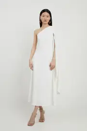 Satin Back Crepe One Shoulder Drape Sleeve Maxi Dress