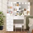 Dressing Table With 6 Drawers Lights Mirror Set Makeup Desk Vanity Table Bedroom