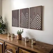 [qmmp] Modern Wooden Wall Sculptures - Set of 3 - MDF - Oak - Home Decor Accent - Large Wall Art for Living Room, Bedroom, Office - Easy Installation (Walnut, Medium - Mountain and Sun, Unframed)