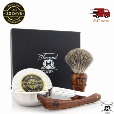 4 Pc Wooden Barber Shaving Razor Super Badger Hair Brush Kit Shaving Set For Men