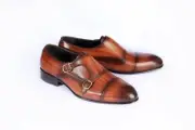 Handmade Men Shaded Brown Leather Double Monk Shoes, Business/ Office Shoes